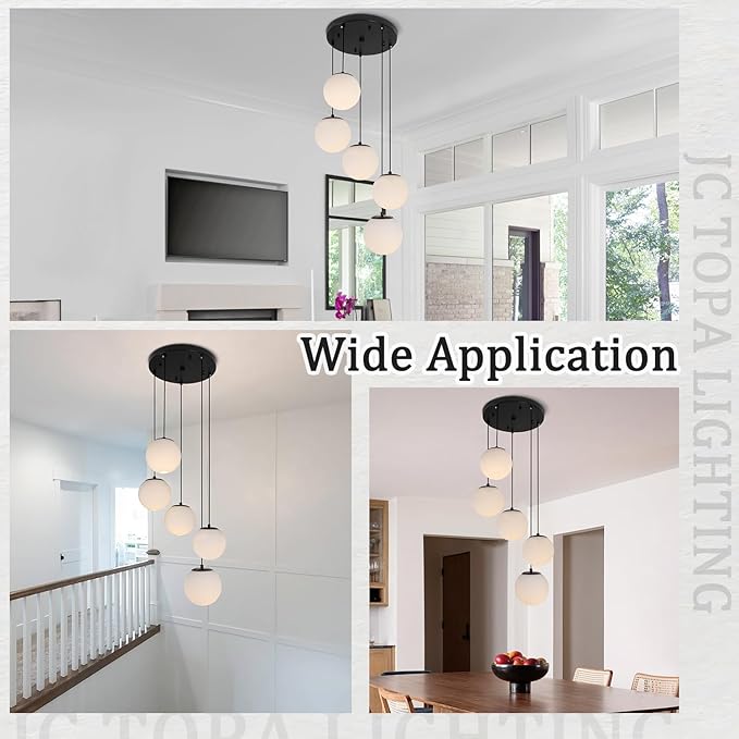 Modern Globe Cluster Chandeliers, 5 Lights White Glass Pendant Light Multi Cluster Pendant Lighting Mid Century Chandelier for Living Room Staircase Foyer Entryway, Black