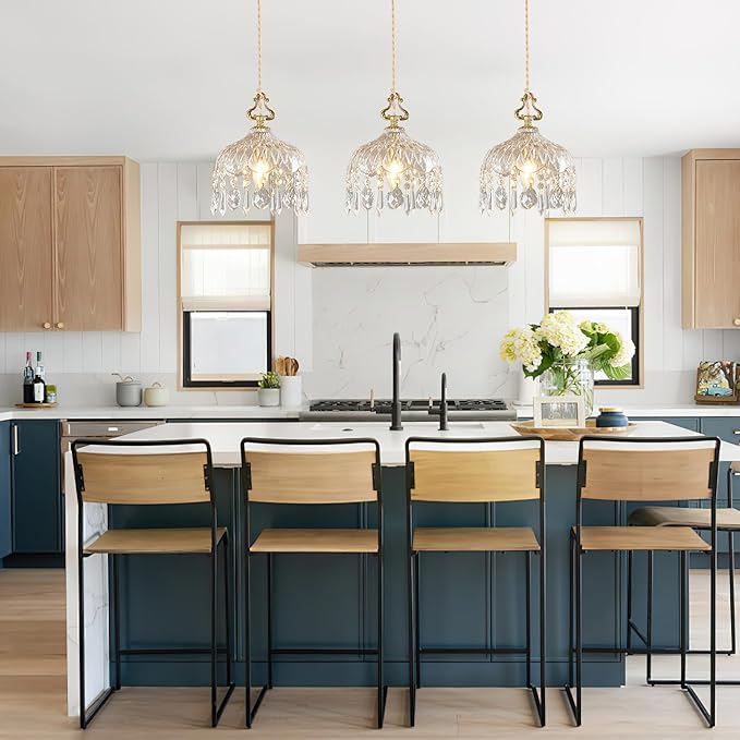 3-Light Pendant Light Fixtures Brass Vintage Glass Pendant Lights Crystal Hanging Light Fixtures,Adjustable Height Pendant Lighting for Dining Room Living Room Bedroom Hallway(Long Chassis)