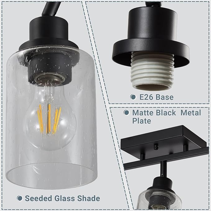 LOUSACE Flexible Track Lighting Kit, Black 4-Light Flush Mount Ceiling Spotlights with Seeded Glass, Bathroom Vanity Lighting Modern Track Light Fixtures Ceiling for Kitchen