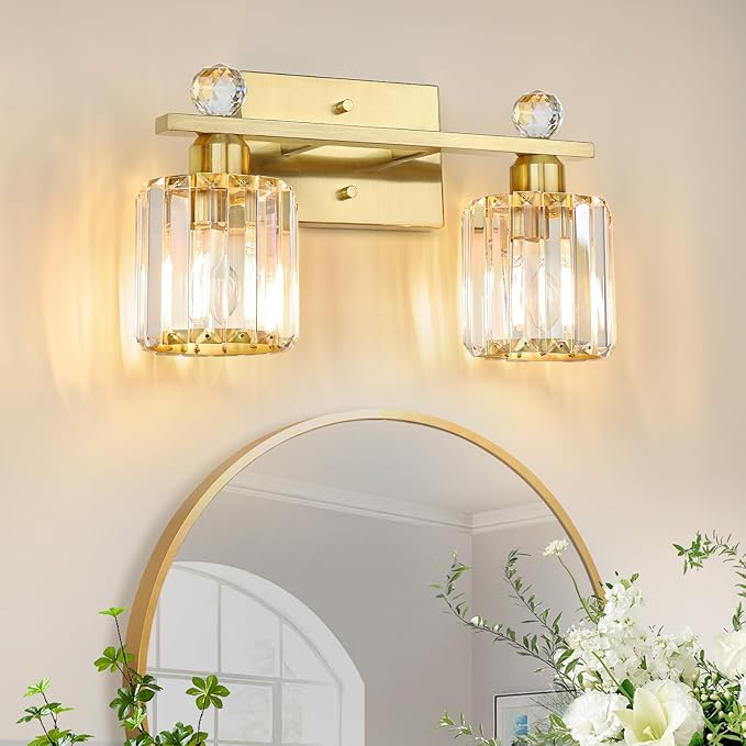 2-Light Gold Bathroom Light Fixtures,Modern Bathroom Vanity Lights Fixture with Clear Crystal Glass Shade,Brushed Gold Bath Wall Mount Lights, Light Fixtures for Mirror Bedroom Living Room