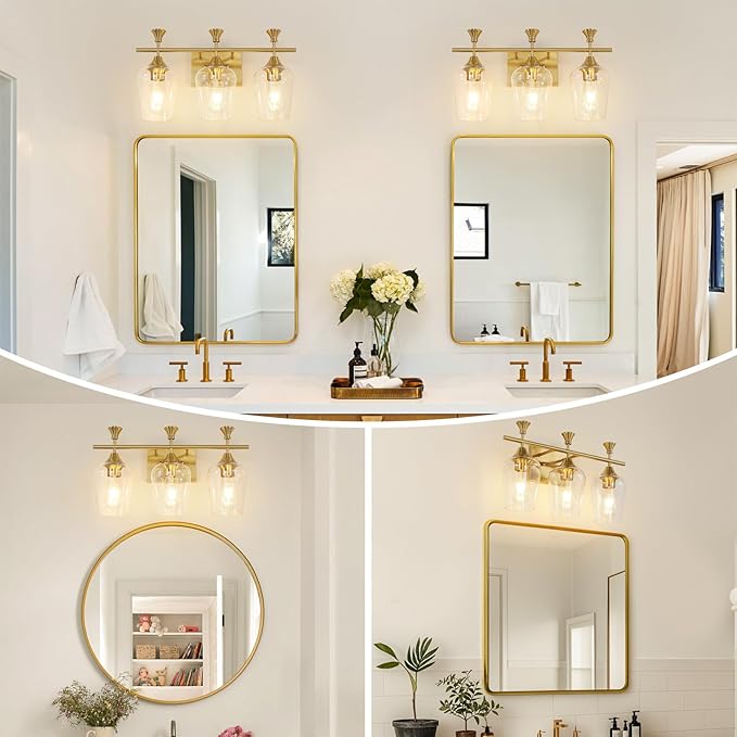 Bathroom Light Fixtures (3-Light, 19 Inch), Brushed Gold Vanity Lights for Bathroom with Clear Wine Glass Glass Shade, Modern Vanity Wall Lights for Mirror Bedroom Living Room Kitchen Hallway Porch