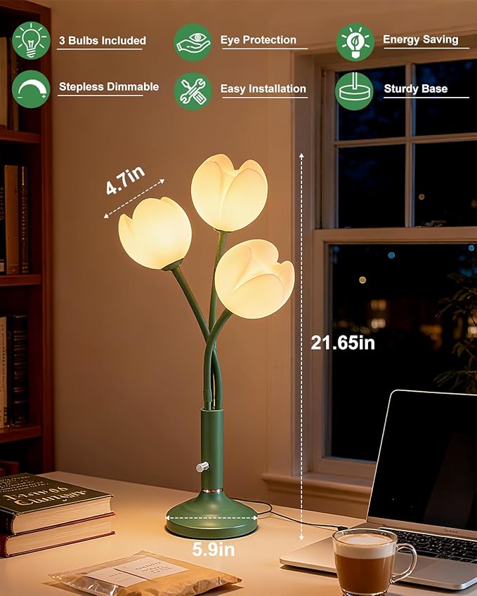 Lightdot 3-Light Tulip Table Lamp Set of 2 with LED Bulbs Included, Dimmable Cute Flower Desk Lamp, Aesthetic Green Floral Nightstand Lamp, Adjustable Gooseneck Bedside Lamp for Bedroom, Living Room