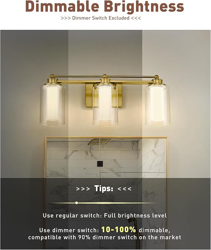 3-Light Bathroom Vanity Light, HWH Brushed Gold Bathroom Light Fixtures Antique Brass Vanity Light with Clear Glass,18W Dimmable LED Vanity Lights 5CCT, 5HLT63B-3W-LED BG