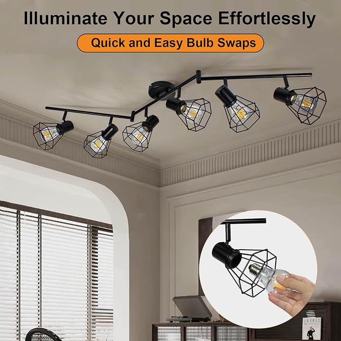 HiBay 6-Light Track Lighting, Directional Rotatable Ceiling Light Fixture, Black Farmhouse Track Spotlight for Kitchen, Bedroom, Living Room, E26 Base (Bulbs Not Included)