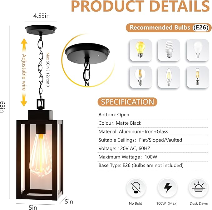 Outdoor Pendant Light Fixture Waterproof Outdoor Hanging Porch Light Anti-Rust Exterior Hanging Outdoor Lantern for Porch Yard Front Door Garage Balcony Patio Garden - 2 Pack