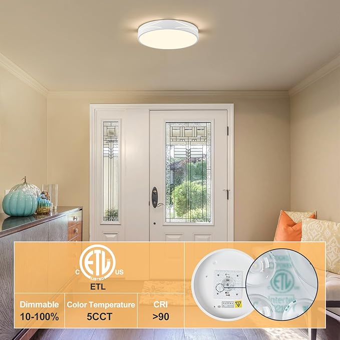 Modern Dimmable LED Flush Mount Ceiling Light, 2700K-6000K Selectable Round Close to Ceiling Lighting Fixtures, Metal Minimalist White Ceiling Lamp for Bedroom, Kitchen, Hallway, Living Room