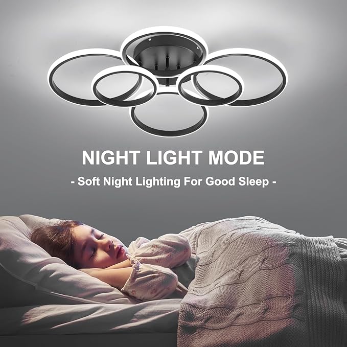 Modern Ceiling Lights, 6 Rings Dimmable Black LED Ceiling Light Fixtures with Remote Control, 60W Close to Ceilings Lighting for Living Room, Bedroom, Dining Room