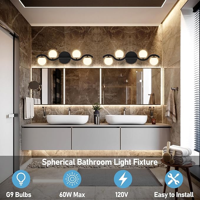 Lightdot 4-Light Bathroom Light Fixtures, 27" Modern Black Vanity Light with White Globe Water/Shatterproof Shades/S-Frame, Rust-Proof Bathroom Wall Lamp for Mirror Living Room Kitchen Cabinet Hallway