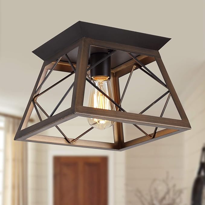 Q&S Flush Mount Ceiling Light Fixture,Farmhouse Vintage Lights,Industrial Metal Lamp for Hallway, Entryway, Bathroom ORB+Brush Brown,1 Light E26