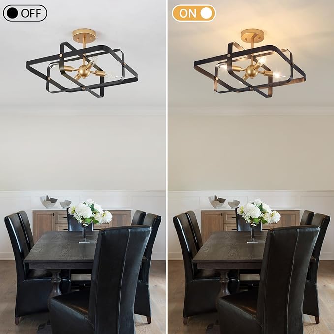 4-Lights Modern Semi Flush Mount Ceiling Light, Black and Gold Ceiling Light Fixture, Metal Industrial Geometric Chandelier Ceiling Lamp for Kitchen Bedroom Hallway Entryway Foyer Closet