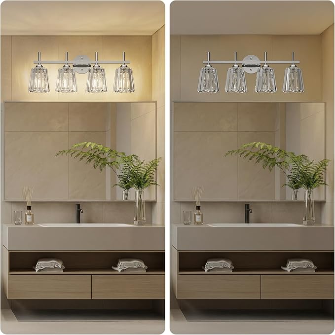 Crystal Bathroom Light Fixtures Over Mirror, Chrome 4-Light Bathroom Vanity Lights Over Mirror Modern Wall Lighting Sconces with Ceramic E26 Base (Bulbs Not Include)