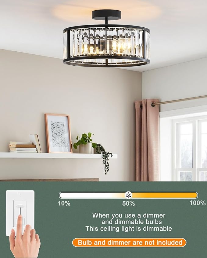 Black Flush Mount Ceiling Light, Caged Crystal Chandelier, Drum Hallway Light fixtures Ceiling Mount (14 INCH Black)
