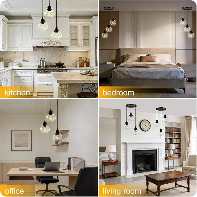 3-Light Pendant Light, Hanging Ceiling Lamp with Clear Glass Shade, Matte Black Pendant Lighting Adjustable Height Industrial Retro Style Hanging Light, for Kitchen Island Bedroom(E26 Base,No Bulb)