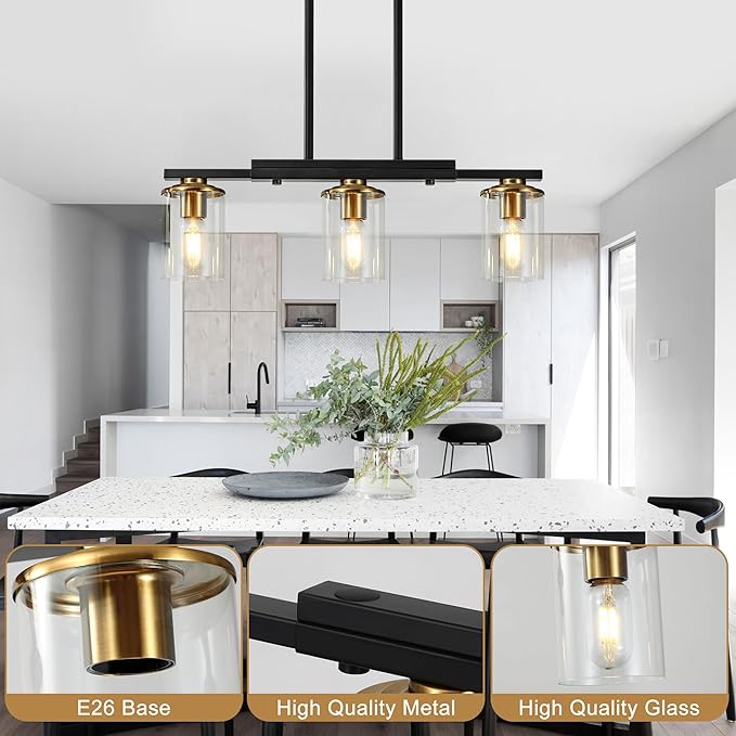 3-Light Kitchen Island Lighting,Dining Room Lights Modern Farmhouse Chandelier with Clear Glass Shade,Modern Rustic Black and Gold Metal Chandelier, Kitchen Pendant Light Fixtures Over Table