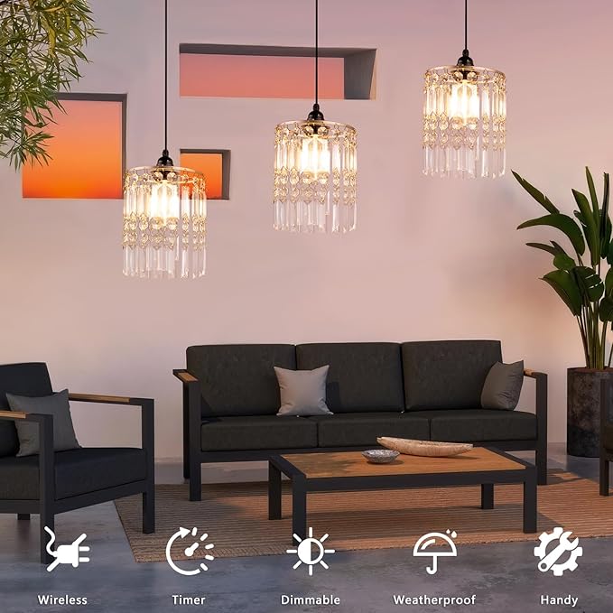 TWINKVILLA Battery Operated Chandelier, 3Pack Hanging Gazebo Lights, Acrylic Crystal Beaded Pendant Lights Outdoor Waterproof for Patio Tree Pergola Porch and Indoor Decor (3)