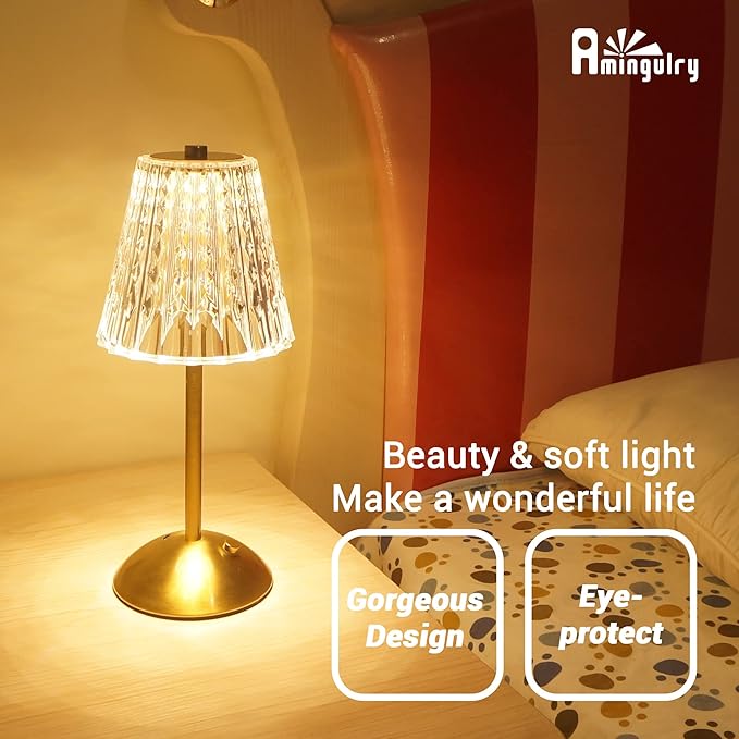 Cordless Table Lamp, Rechargeable Battery Operated Lamp, 3 Color Modes & Stepless Dimmable LED Touch Lamp, Portable Crystal Gold Metal Beside Lamps for Bedroom Living Room Restaurant Outdoor