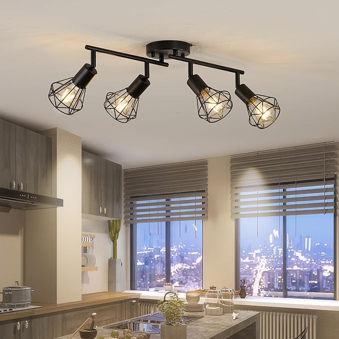 4-Light Track Lighting Fixtures Ceiling, Adjustable Black Track Light Fixture with Metal Wire Cage Farmhouse Chandelier for Dining Room,Kitchen, Bedroom, Hallway, E26 Base(Bulbs Not Included)