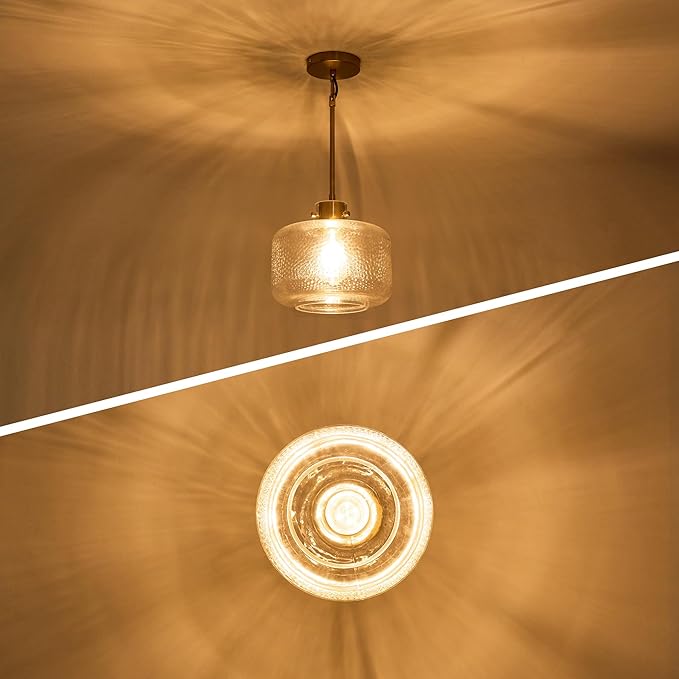 Glass Pendant Lights Kitchen Island, 9.84'' Brass Gold Pendant Lighting Fixtures, Modern Hanging Ceiling Light with Clear Hammered Glass Shade for Farmhouse Dining Room Bedroom Hallway(1 Pack)