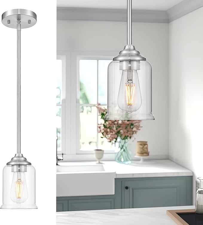 zeyu Modern Pendant Lighting, 1-Light Kitchen Hanging Light Fixture for Dining Room Entryway, Brushed Nickel Finish with Clear Glass Shade, ZSL104MIL BN