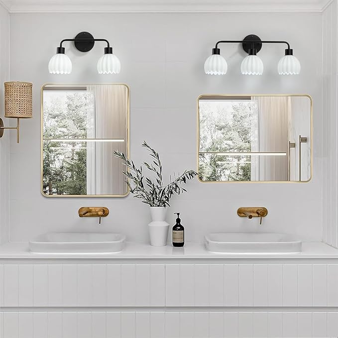 Black 2-Light Vanlity Light Over Mirror,Wall Sconces,Modern Bathroom Light Fixture with Milk White Glass Flower Shade,E26 Socket(Bulbs Not Included)