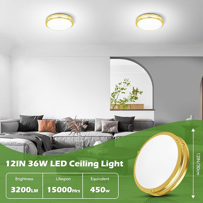 GoBright 2-Pack Gold Flush Mount LED Ceiling Light Fixture, 12IN 2700K/3000K/3500K/4000K/5000K Adjustable Ceiling Lights, 3600lm Super Bright Dimmable Lighting for Bedroom Hallway Kitchen