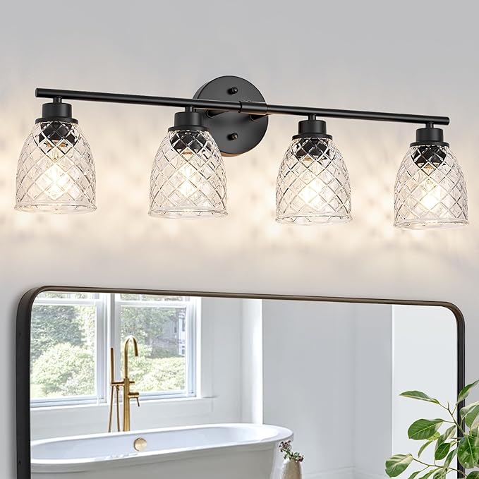 4-Light Bathroom Light Fixtures, Modern Black Vanity Light Over Mirror, Wall Sconce with Clear Hammered Glass Shades, E26 Base (Bulbs Not Included)