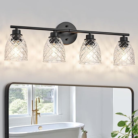 4-Light Bathroom Light Fixtures, Modern Black Vanity Light Over Mirror, Wall Sconce with Clear Hammered Glass Shades, E26 Base (Bulbs Not Included)
