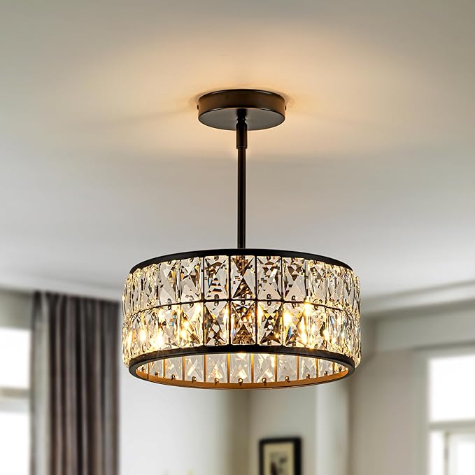 3-Light Crystal Ceiling Light, Modern Semi Flush Mount Ceiling Light, Black Crystal Chandelier for Kitchen Bedroom Bathroom Entryway Hallway