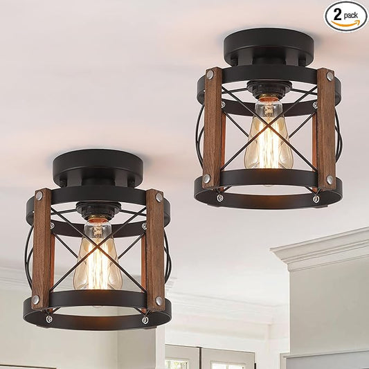 2 Pack Rustic Farmhouse Wood Flush Mount Ceiling Light Fixture Oak Wood and Metal Round Cage Small Semi Flush Mount Ceiling Light for Kitchen Entry Bedroom Country Hallway Farmhouse, Black