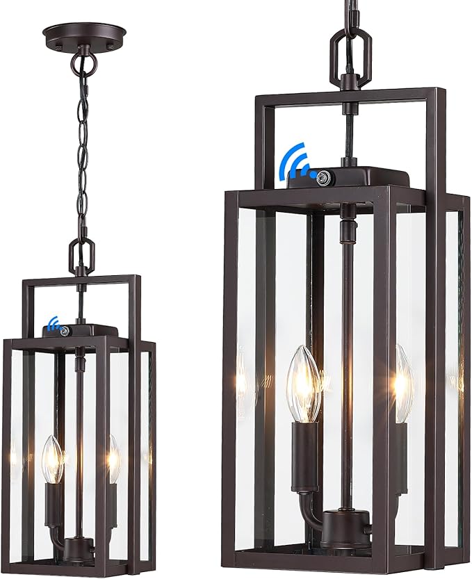 17.8'' Large Dusk to Dawn Outdoor Pendant Light 2-Light, Modern Brown Metal Outside Chandelier Exterior Hanging Fixture Ceiling Mount with Clear Glass for Front Porch Entrance Entryway, 1 Pack