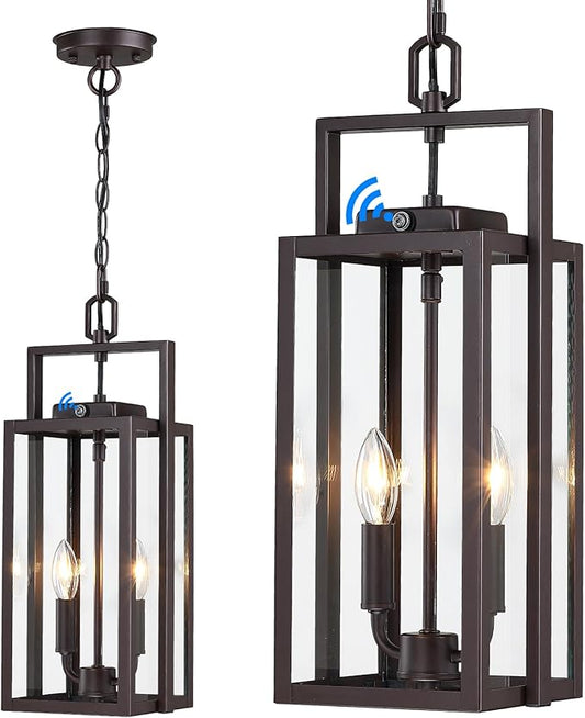 17.8'' Large Dusk to Dawn Outdoor Pendant Light 2-Light, Modern Brown Metal Outside Chandelier Exterior Hanging Fixture Ceiling Mount with Clear Glass for Front Porch Entrance Entryway, 1 Pack