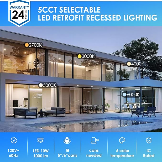 ANWIO Recessed Lighting 6 Inch, 24 Pack 5CCT Flat Retrofit LED Recessed Lights Can Needs, 2700/3000/4000/5000/6000K Selectable Can Lights 10W(120W Equivalent) CRI 80+ Dimmable E26 Base IC Rated & ETL