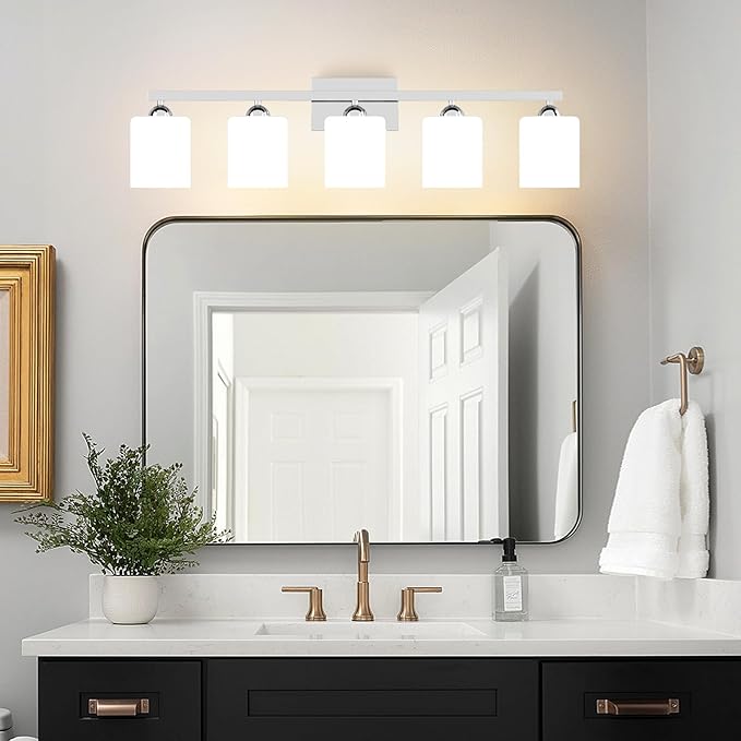 Quntis 5-Light Bathroom Light Fixtures Over Mirror 5 Colors Adjustable, LED Bathroom Vanity Light with Milky White Frosted Glass Shade, Lights for Bathroom Energy-Saving, 35.8 inch