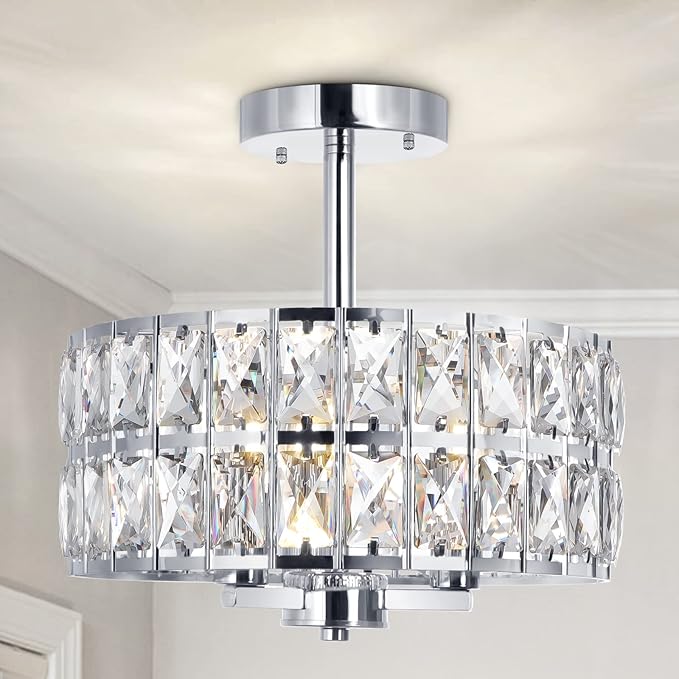 3-Ligth Round Crystal Ceiling Light, Modern Hallway Light Fixtures, 12.6" Chrome Semi Flush Mount Kitchen Chandelier with Cylinder Drum Shade for Closet Dining Room Bedroom