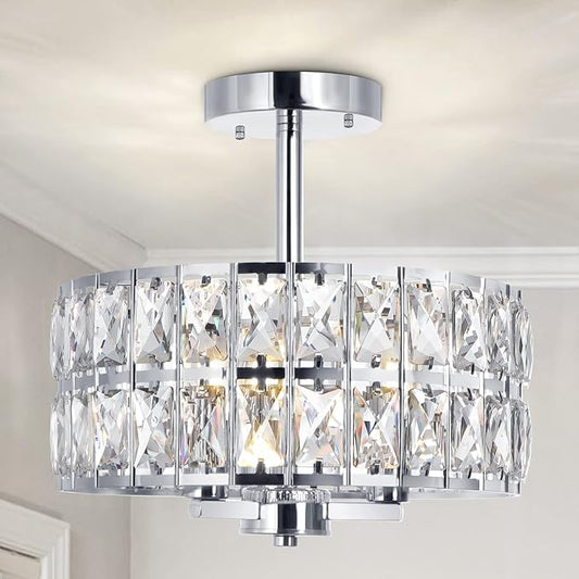 3-Ligth Round Crystal Ceiling Light, Modern Hallway Light Fixtures, 12.6" Chrome Semi Flush Mount Kitchen Chandelier with Cylinder Drum Shade for Closet Dining Room Bedroom