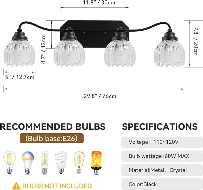 Vintage Bathroom Light Fixtures, 4 Light Bathroom Vanity Light, Black Matte Antique Brass Finish with Crystal Glass Shade, Mid Century Wall Sconces for Bedroom, Living Room, Hallway