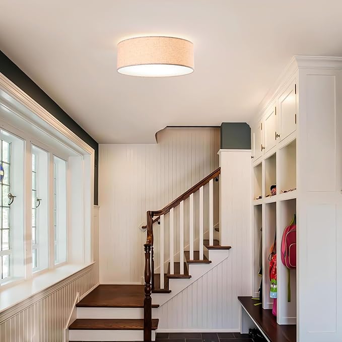 18-inch recessed Ceiling Light Fixture with Linen Shade, Modern Drum-Style Ceiling Light, UL-Certified, Suitable for Living Rooms, bedrooms, Kitchens, entryways, and Rustic Decor