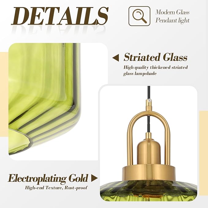 11.8in Mid Century Modern Green Glass Pendant Light Fixture, Large Gold Kitchen Island Pendants Light Glass Ceiling Hanging Lamp for Foyer Dining Room Bedroom Entryway Hallway Over Sink