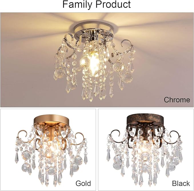 Q&S Small Crystal Chandelier,Flush Mount-Modern Mini Ceiling Light Fixture for Hallway/Entryway/Bedroom/Bathroom/Closet,Chrome Metal with K9 Crystal