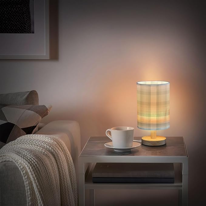 Aslsiy Sage Green Plaid Bedside Table Lamp Checked Nightstand Lamp Night Light Fabric Shade for Bedroom Living Room Home Office