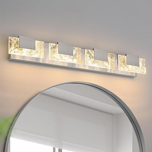 LED Bathroom Vanity Light: 32 Inch Brushed Nickel Acrylic Modern Lighting Fixtures - 4-Lights Contemporary Smoke Design Wall Lights Fixture Over Mirror 3000K