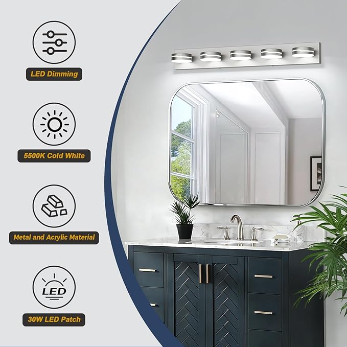 LED Modern Bathroom Lights Fixtures 5-Light Dimmable Nickel Acrylic Wall Lighting,Vanity Lights for Bathroom Over Mirror 5500k