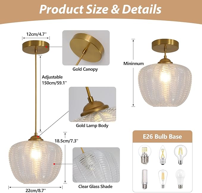 KCO Lighting Clear Glass Pendant Lights Kitchen Island Light Fixture Vintage Ribbed Glass Ceiling Light Antique Brass Pendant Light Gold Globe Pendant Light Fixture