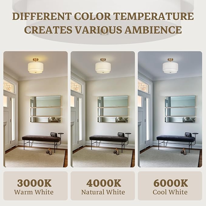 Gold Light Fixtures Ceiling Mount,12.6'' Semi Flush Mount Ceiling Light Fixtures,Nursery Light Fixture with 2-Layer White Shade,Modern Drum Ceiling Lights for Bedroom,Living Room,Hallway