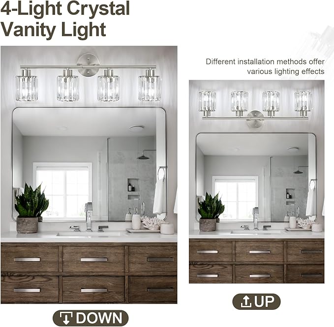 Crystal Bathroom Light Fixtures, Bathroom Lighting Fixtures Over Mirror, Modern 4-Light Brushed Nickel Vanity Lights for Mirror, Restroom, Kitchen(Ceramic E26 Socket,Bulbs Not Include)