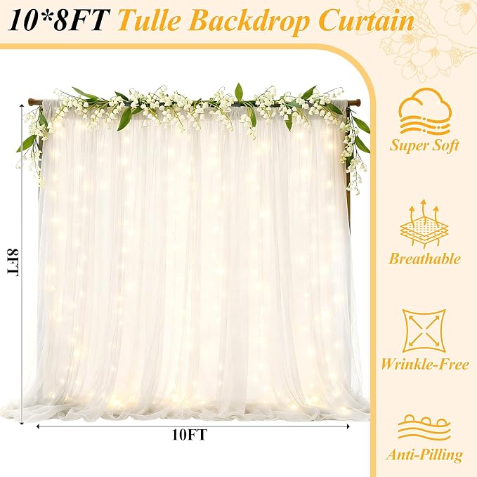 Ledido 2 Pack 10×8ft White Tulle Backdrop Curtains with Lights String - 600LED Fairy Lights Sheer Curtain Backdrop for Wedding Baby Shower Photo Shoot Birthday Party Decoration(4 Panels 5×8ft)，White