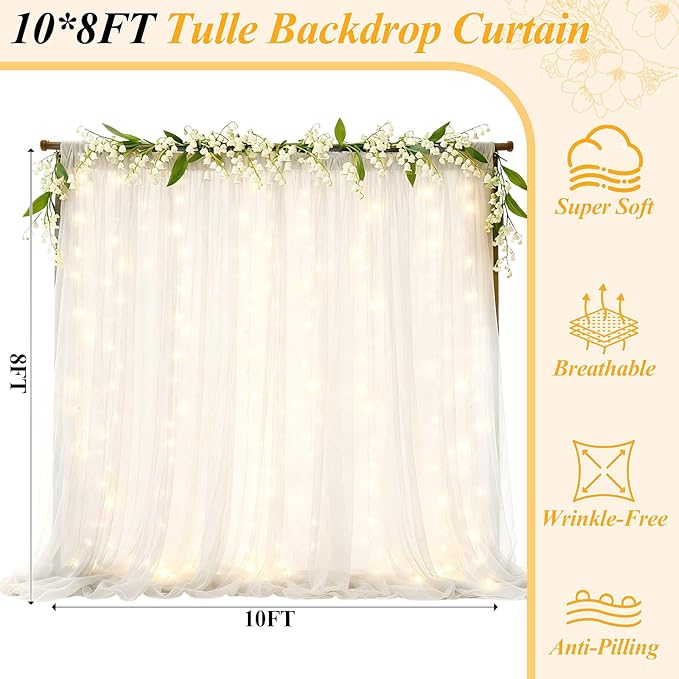 Ledido 4 Pack 10×8ft White Tulle Backdrop Curtains with Lights String - 1200LED Fairy Lights Sheer Curtain Backdrop for Wedding Baby Shower Photo Shoot Birthday Party Decoration(8 Panels 5×8ft)，White