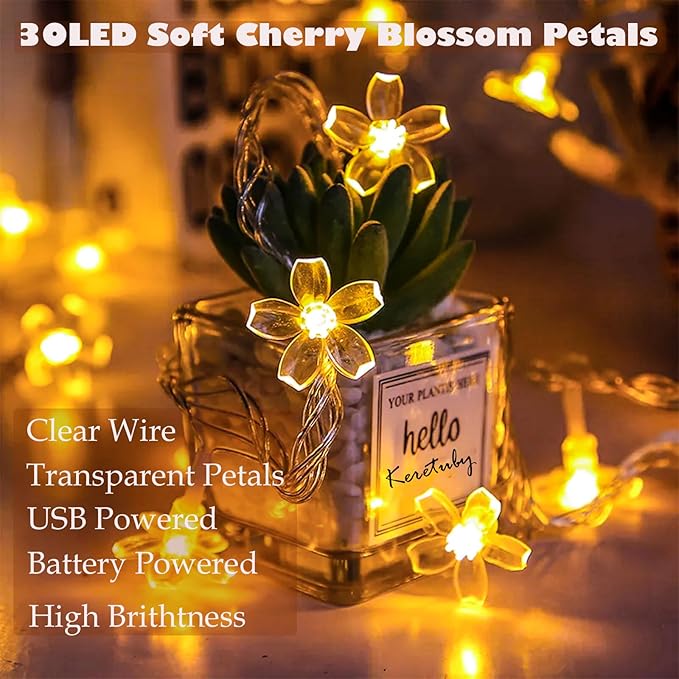 Battery & USB Lighted 10ft 30 LED Warm White Fairy Flower String Lights | Cute Cherry Blossom Fairy Lamp Decor For Indoor Outdoor Christmas, Valentine's Day, Halloween, Easter, Xmas Tree Hanging