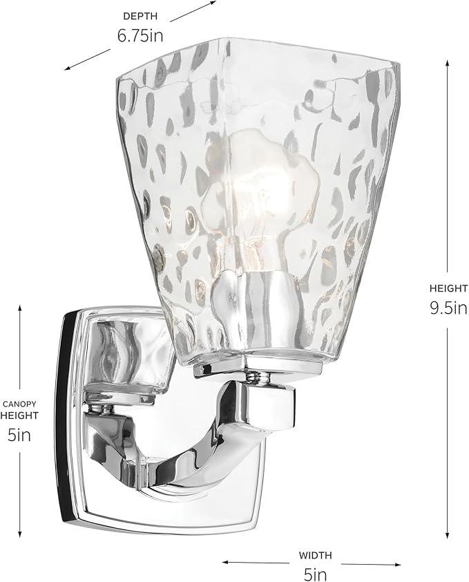 Kichler Marant 5" 1-Light Wall Sconce Bathroom Vanity Light Fixture with Clear Water Glass in Chrome for Bathroom, Powder Room, Hallway (5" W x 9.5" H), 55214CHWTR