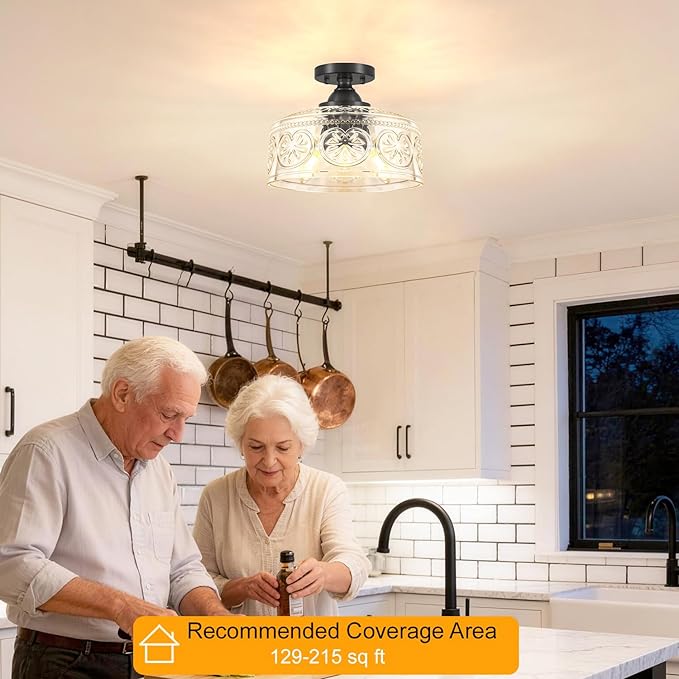 11.4In Vintage Black Semi Flush Mount Ceiling Light Fixture, 3-Light Hallway Light Fixture with Thickened Glass, Close to Ceiling Light for Kitchen, Entryway, Foyer, E12